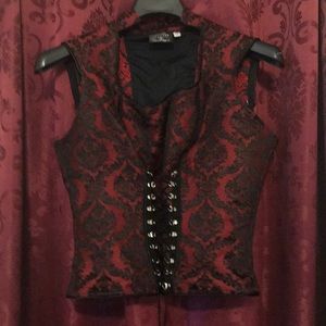 Shrine red and black brocade top - corset lace up